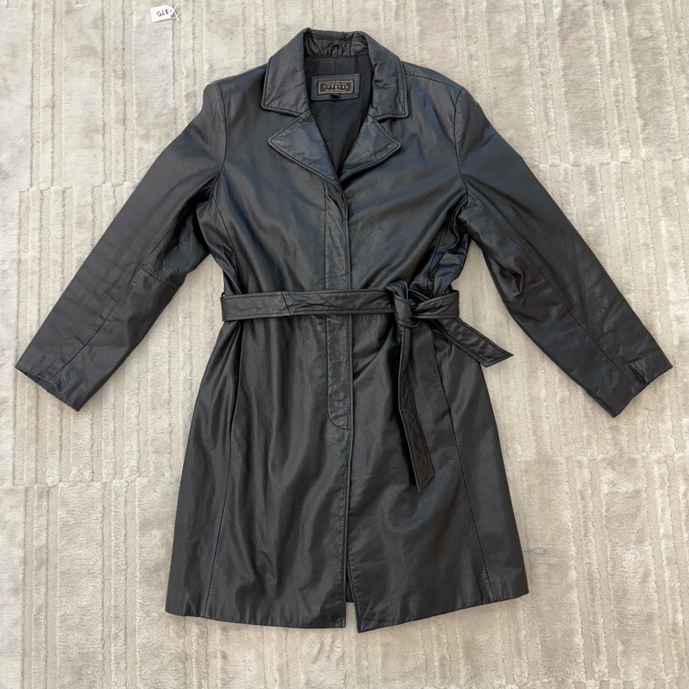 Vintage Black Leather Trench Coat Size Large